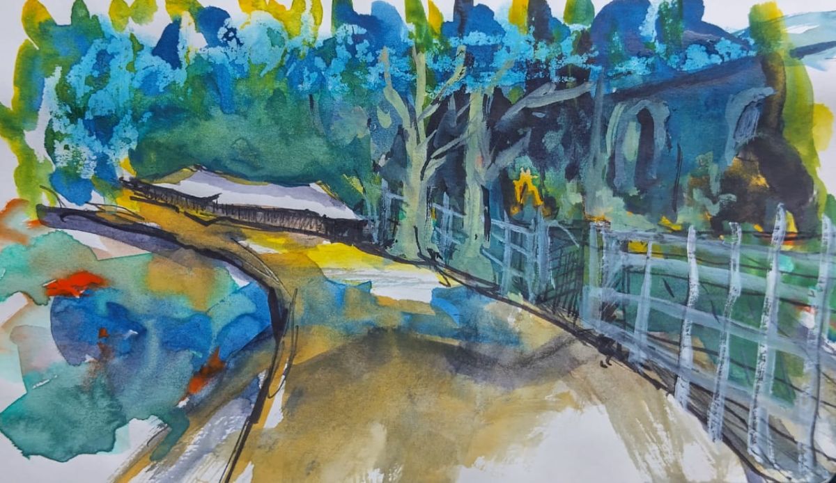 Intuitive watercolor rendition of a street basking in Sunday joy