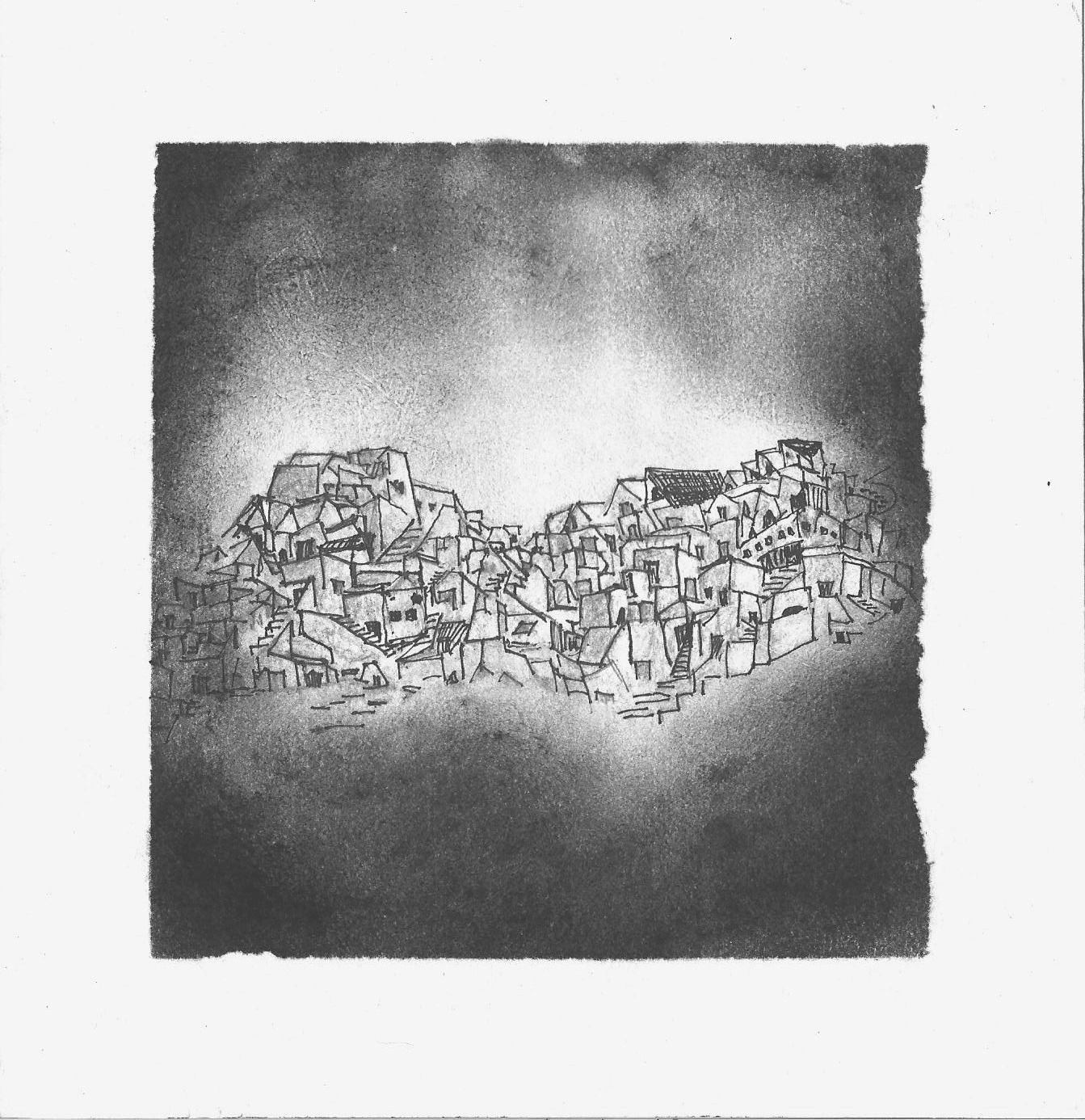 Charcoal study of stacked tenements on a hillside